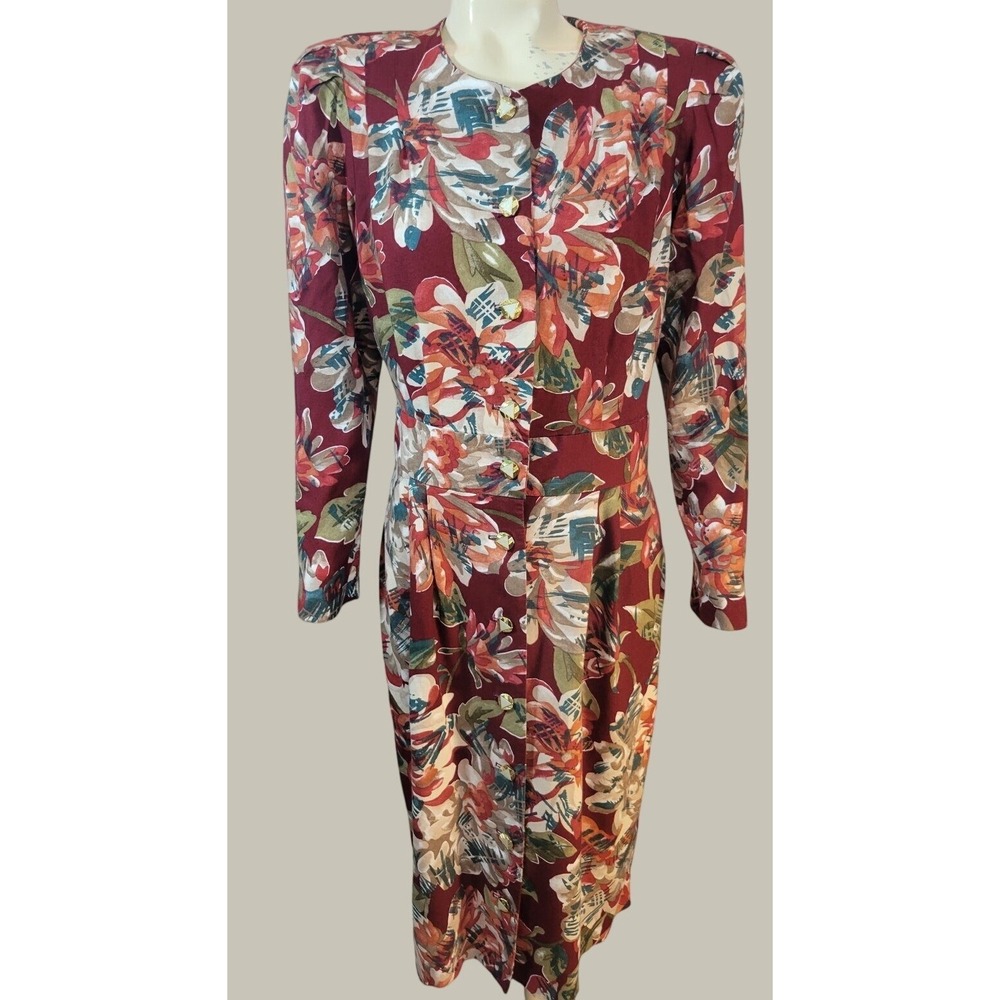Special Effects Midi Dress Vintage 80s 90s Floral Rayon Career Burgundy Red 14